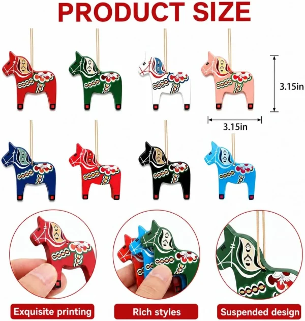 Product size chart – eight Dala horse ornaments, each 3.15 inches tall and 3.15 inches long, with close-ups of the printing, the color range and the hanging cord through the back