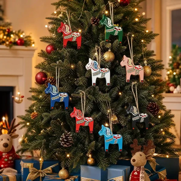 Christmas tree in a living room decorated with red baubles and the eight colorful Dala horse ornaments