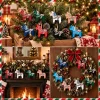 Dala horse ornaments styled three ways – on a rustic shelf display, along a mantel garland, and wired into a Christmas wreath