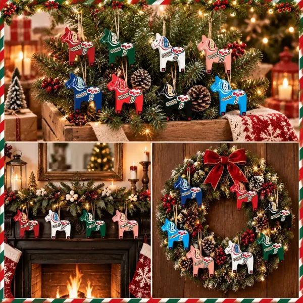 Dala horse ornaments styled three ways – on a rustic shelf display, along a mantel garland, and wired into a Christmas wreath