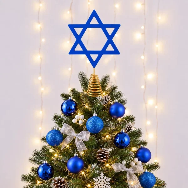 Allyix blue wooden Star of David tree topper on a gold spring base at the top of a lit tree with blue ball ornaments