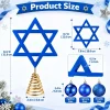 Size chart – Hanukkah tree topper 12.2 inches tall overall, star 8.7 by 7.9 inches and 0.5 inch thick, 2.4 inch spring base, ten 2.4 inch blue ornaments in glitter, glossy and matte