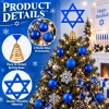 Product details – easy-to-install spring base, three styles of blue ball ornaments and wooden Star of David, shown on a decorated Hanukkah tree