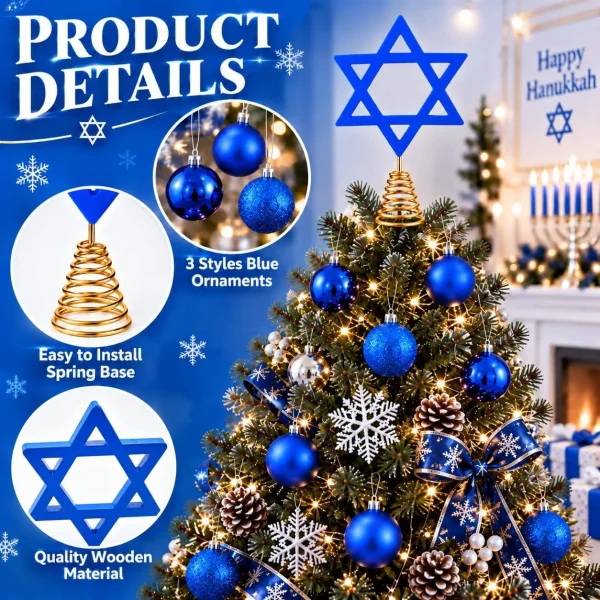 Product details – easy-to-install spring base, three styles of blue ball ornaments and wooden Star of David, shown on a decorated Hanukkah tree