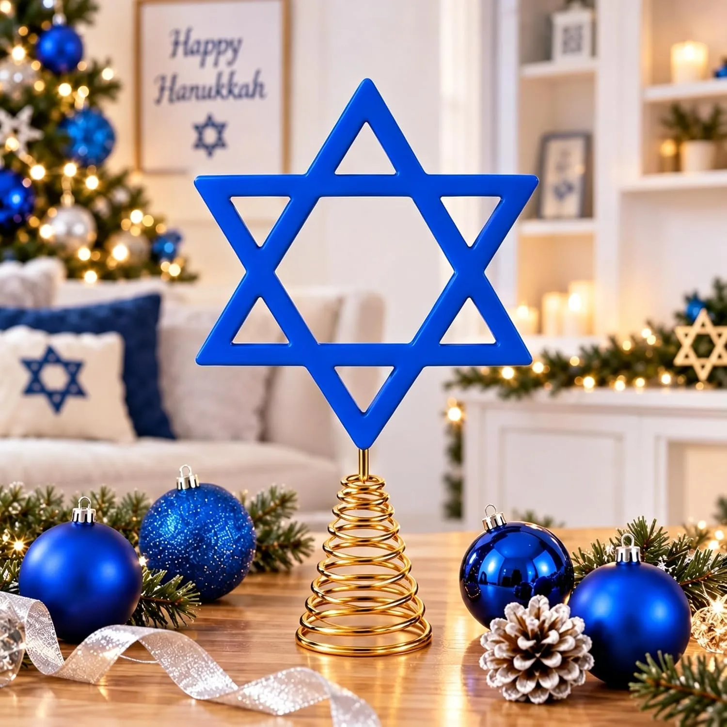 Blue wooden Star of David standing on its gold spring coil base on a wooden table with blue baubles, a pinecone and silver ribbon