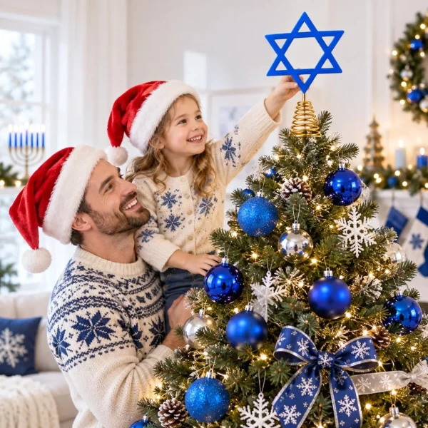 Father lifting his daughter to reach the blue Star of David topper on a tree decorated with blue balls and white snowflakes