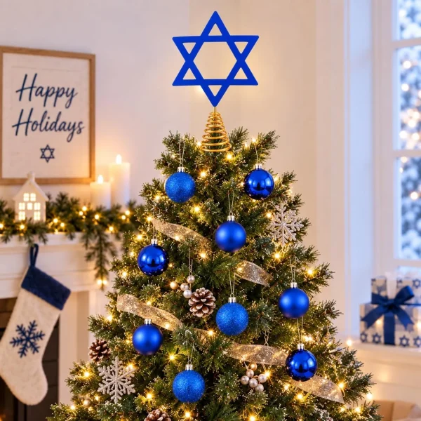 Christmas tree with a blue Star of David topper in a white living room with a Happy Holidays sign and a blue stocking