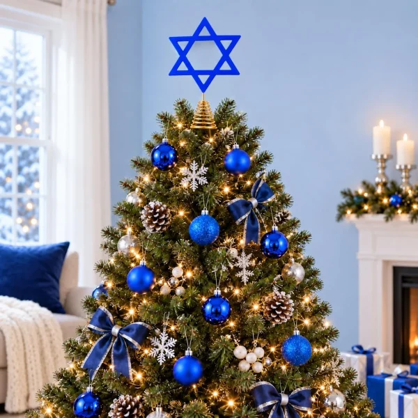 Decorated tree with the blue Star of David topper beside a fireplace with garland and candles and wrapped gifts