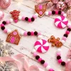 Allyix 10 ft pink Christmas felt garland – white, pink, hot pink and brown pom balls strung with felt gingerbread houses, gingerbread men, candy canes and peppermint candies