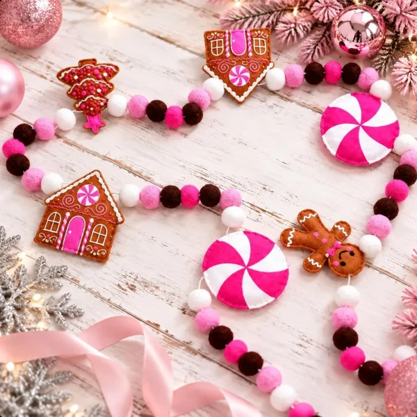 Allyix 10 ft pink Christmas felt garland – white, pink, hot pink and brown pom balls strung with felt gingerbread houses, gingerbread men, candy canes and peppermint candies