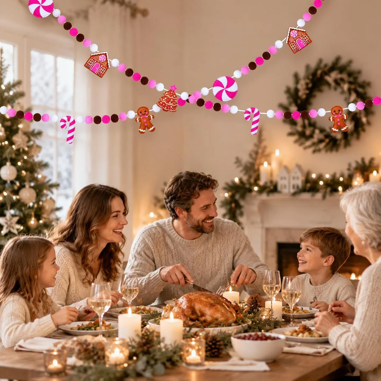 Family at a holiday dinner table with the pink gingerbread garland strung across the room above them