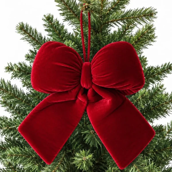Allyix large red velvet Christmas bow, 13 by 11.4 inches, hanging from a fir branch by its top loop