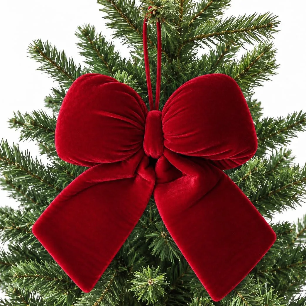 Allyix large red velvet Christmas bow, 13 by 11.4 inches, hanging from a fir branch by its top loop