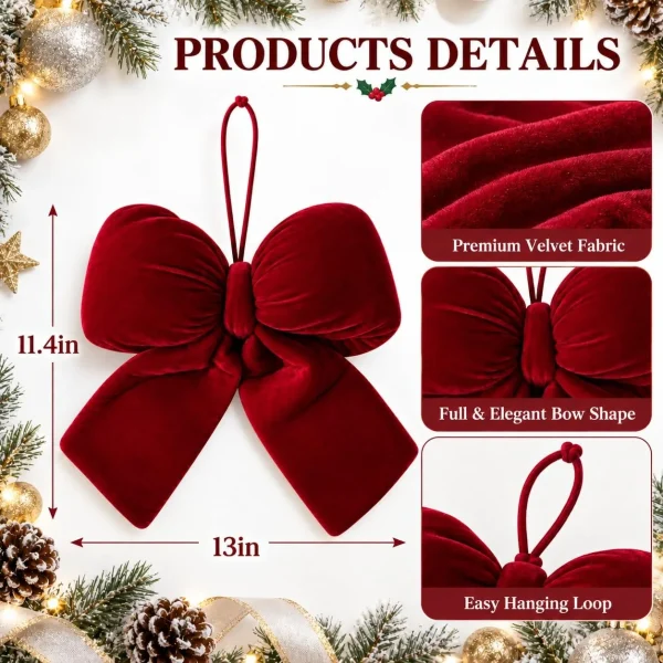Product size chart – red velvet bow 13 inches wide and 11.4 inches tall, with close-ups of the velvet fabric, the full bow shape and the hanging loop