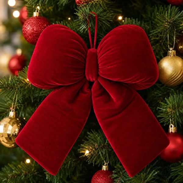 The 13 inch red velvet bow hanging on a lit Christmas tree among red and gold baubles