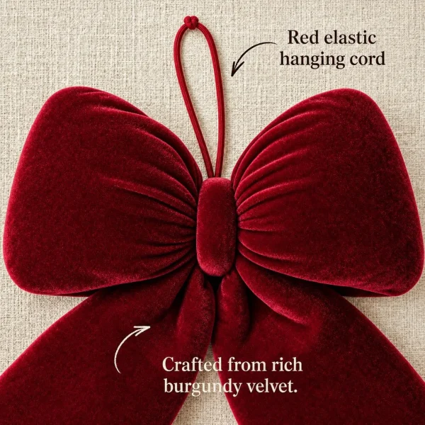 Close-up of the red velvet bow on linen showing the velvet pile and the red elastic hanging cord at the top