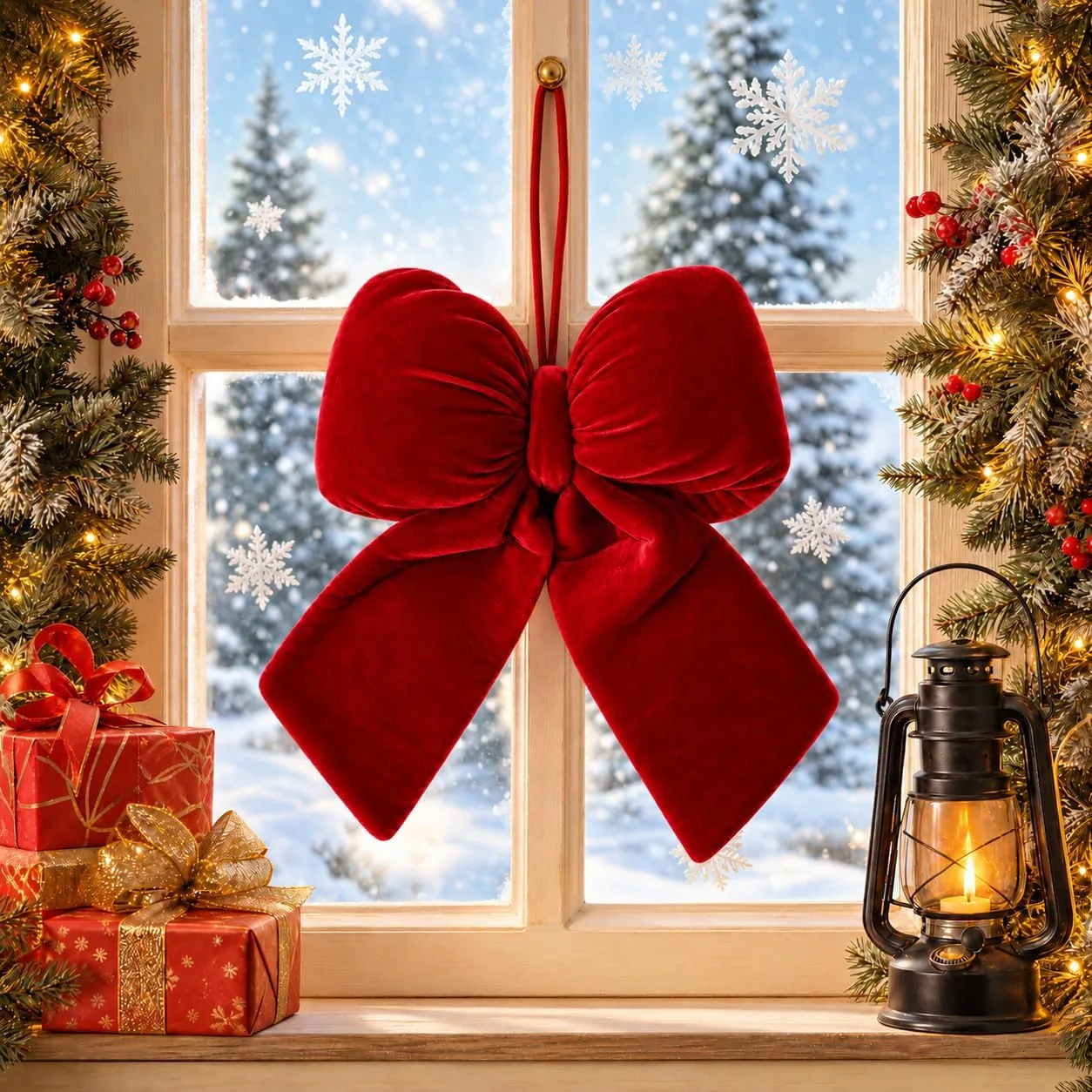 The red velvet bow hanging in a snowy window with wrapped gifts and a lantern on the sill