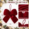 Product size chart – small red velvet bow 7.8 inches wide and 7.8 inches tall, with close-ups of the velvet fabric, the bow shape and the hanging loop
