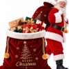 Allyix extra large Santa sack – 45 by 28 inch burgundy velvet Christmas gift bag with white plush cuff, gold foil tree print and gold pom-pom drawstring, shown beside Santa and filled with wrapped gifts