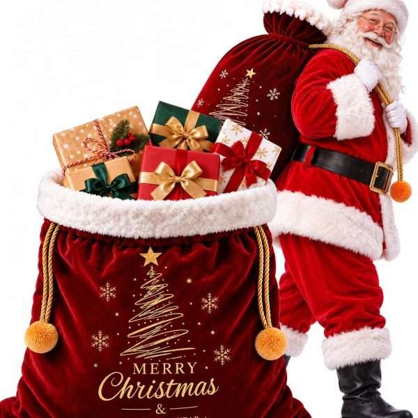Allyix extra large Santa sack – 45 by 28 inch burgundy velvet Christmas gift bag with white plush cuff, gold foil tree print and gold pom-pom drawstring, shown beside Santa and filled with wrapped gifts