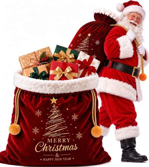 Allyix extra large Santa sack – 45 by 28 inch burgundy velvet Christmas gift bag with white plush cuff, gold foil tree print and gold pom-pom drawstring, shown beside Santa and filled with wrapped gifts