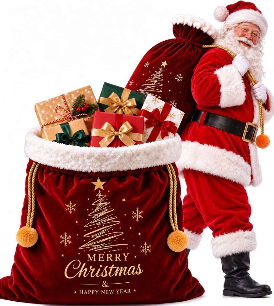 Allyix extra large Santa sack – 45 by 28 inch burgundy velvet Christmas gift bag with white plush cuff, gold foil tree print and gold pom-pom drawstring, shown beside Santa and filled with wrapped gifts