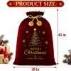 Product size chart – Santa sack 45 inches tall and 28 inches wide, burgundy velvet with gold tree print and pom-pom cord