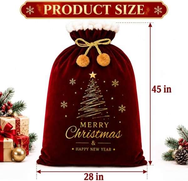 Product size chart – Santa sack 45 inches tall and 28 inches wide, burgundy velvet with gold tree print and pom-pom cord