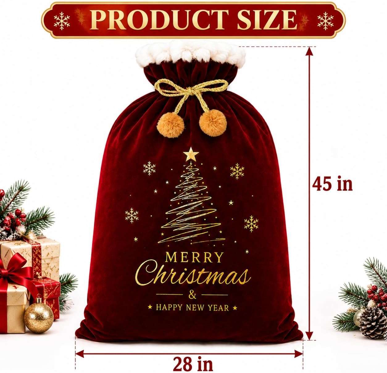 Product size chart – Santa sack 45 inches tall and 28 inches wide, burgundy velvet with gold tree print and pom-pom cord