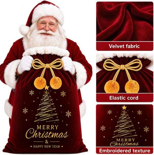 Close-up details of the Santa sack – burgundy velvet fabric, gold braided cord with pom-poms tied in a bow, gold tree artwork