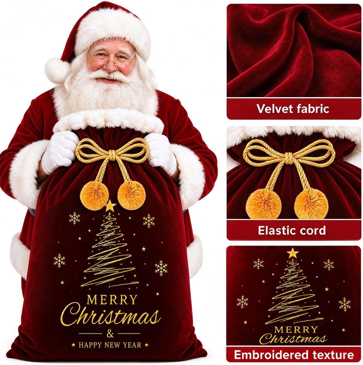 Close-up details of the Santa sack – burgundy velvet fabric, gold braided cord with pom-poms tied in a bow, gold tree artwork