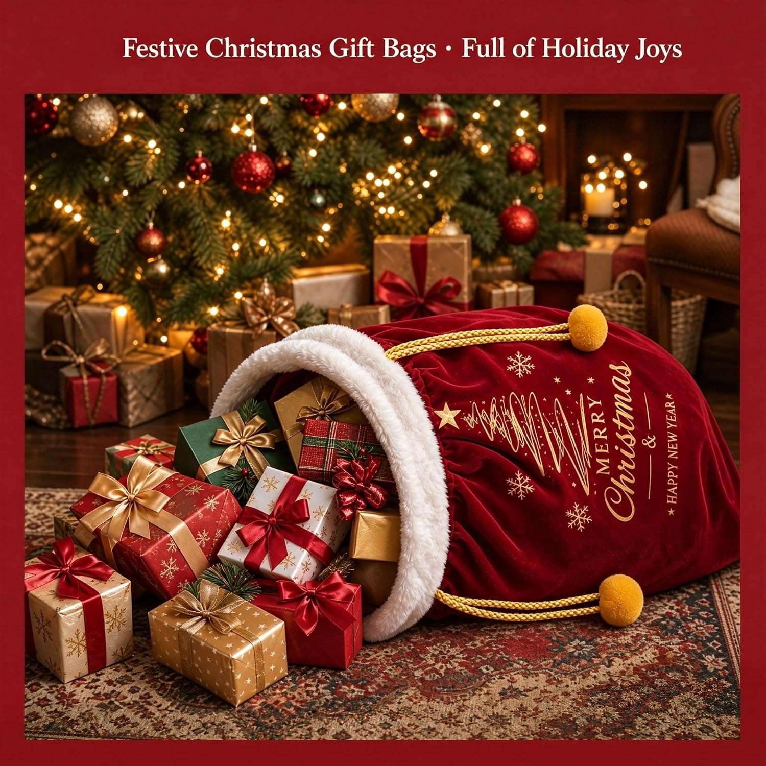 The burgundy velvet Santa sack lying under a lit Christmas tree with wrapped gifts spilling out