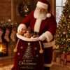 Santa filling the burgundy velvet sack with toys beside a fireplace with stockings and a lit tree
