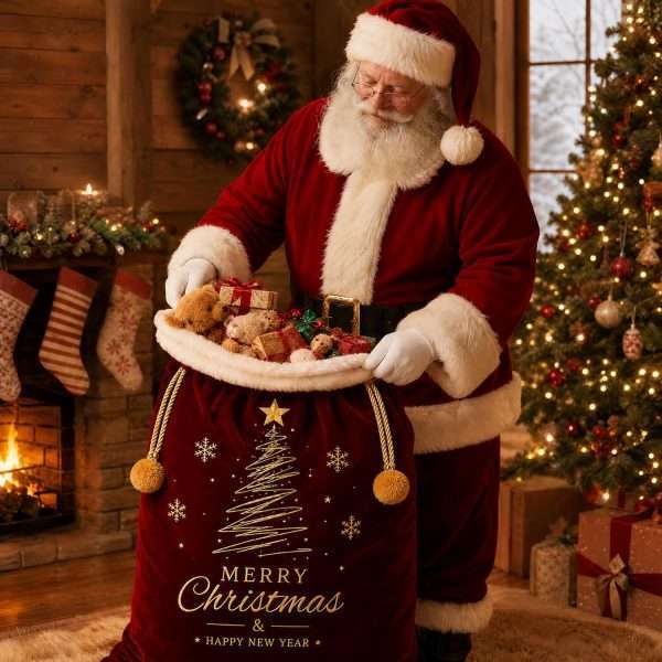 Santa filling the burgundy velvet sack with toys beside a fireplace with stockings and a lit tree