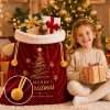 Girl sitting beside the gift-filled velvet Santa sack in front of a Christmas tree, inset of the gold pom-pom cord
