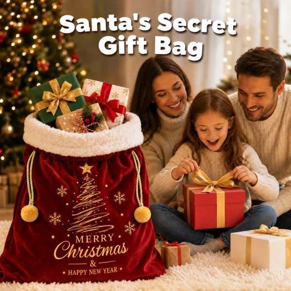 Family opening gifts next to the burgundy velvet Santa sack on Christmas morning